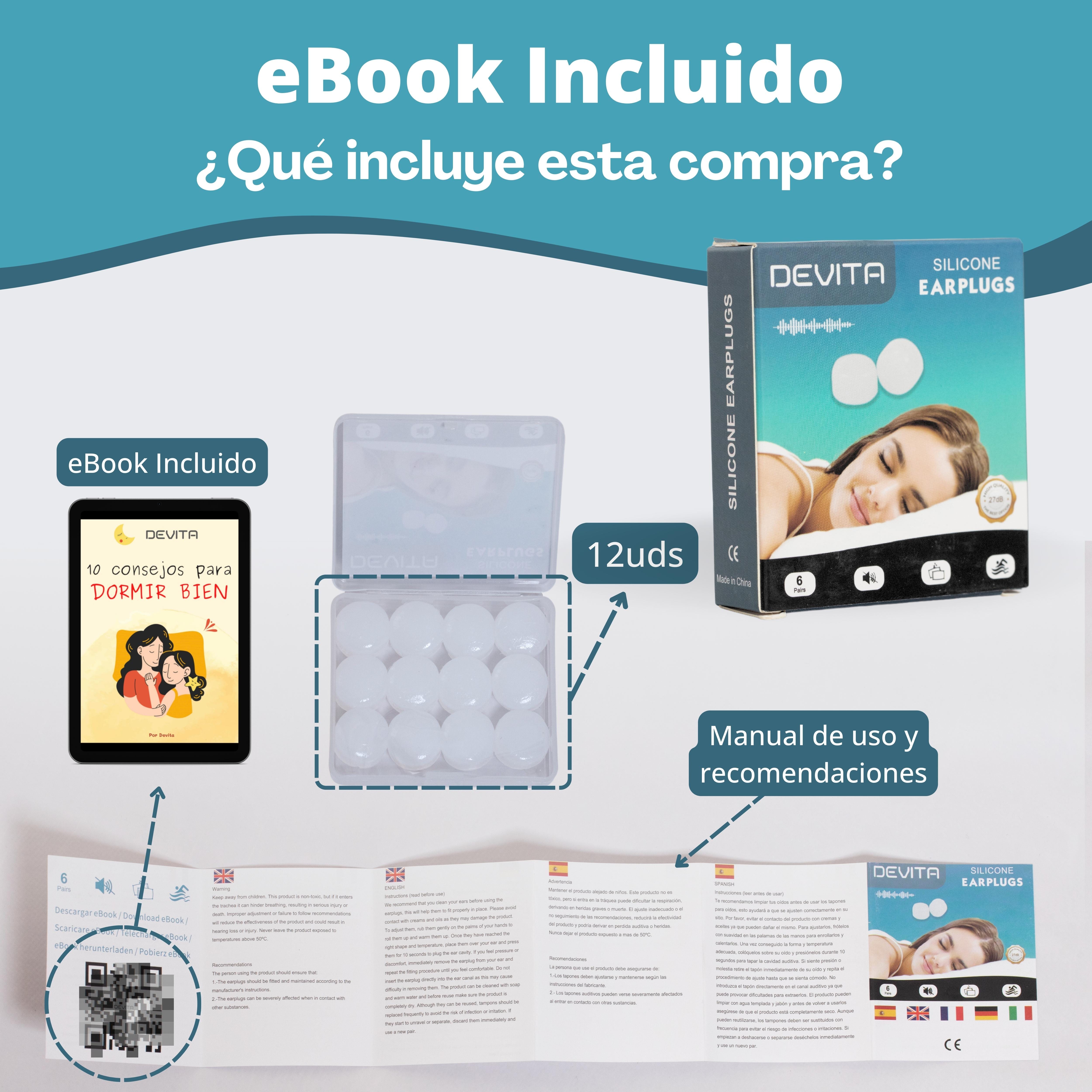 Contenido de la caja DEVITA: 12 tapones de silicona, estuche transparente, manual y eBook «10 consejos para dormir bien»